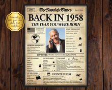 Load image into Gallery viewer, Back in 1958 Newspaper Poster Sign | Fully Editable