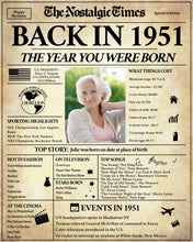 Load image into Gallery viewer, 70th Birthday Newspaper Poster Sign | Back in 1951 | Fully Editable