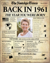 Load image into Gallery viewer, 60th Birthday Newspaper Poster Sign | Back in 1961 | Fully Editable