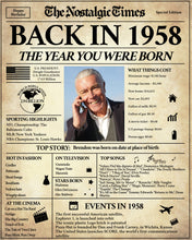 Load image into Gallery viewer, Back in 1958 Newspaper Poster Sign | Fully Editable