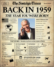 Load image into Gallery viewer, Back in 1959 Newspaper Poster Sign | Fully Editable