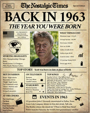 Load image into Gallery viewer, 60th Birthday Poster | Back in 1963 | Newspaper Poster Gift