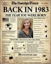Load image into Gallery viewer, 40th Birthday Poster | Back in 1983 | Newspaper Poster Gift