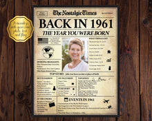 Load image into Gallery viewer, 60th Birthday Newspaper Poster Sign | Back in 1961 | Fully Editable