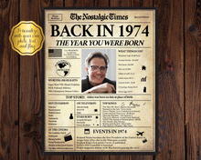 Load image into Gallery viewer, Back in 1974 Newspaper Poster Sign | Fully Editable