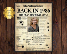 Load image into Gallery viewer, Back in 1986 Newspaper Poster Sign | Fully Editable