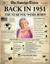 Load image into Gallery viewer, 70th Birthday Newspaper Poster Sign | Back in 1951 | Fully Editable