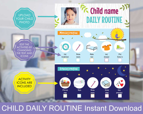 Kids Daily Responsibility Chart, Kids Morning and Evening Checklist