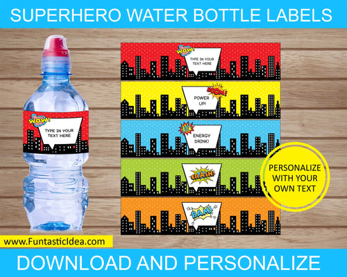 Superhero Party Water Bottle Labels